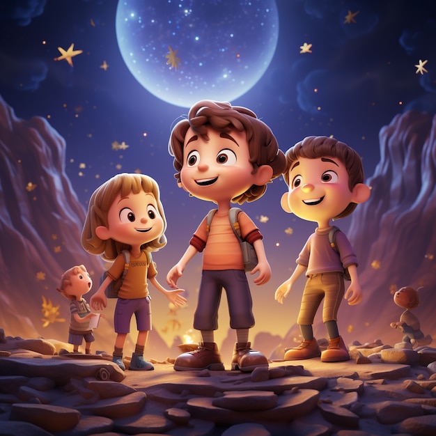 Photo gratuite vue des enfants 3d avec des lanternes la nuit