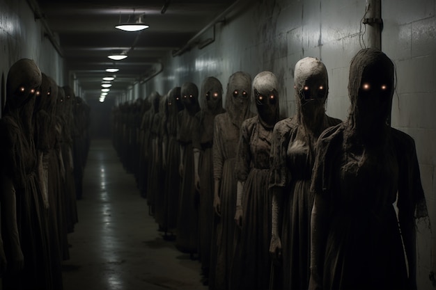 Photo gratuite vue d'entités effrayantes dans un couloir avec éclairage fluorescent