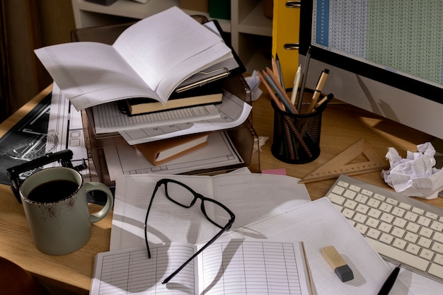 Vue de l'espace de travail de bureau en désordre avec ordinateur personnel