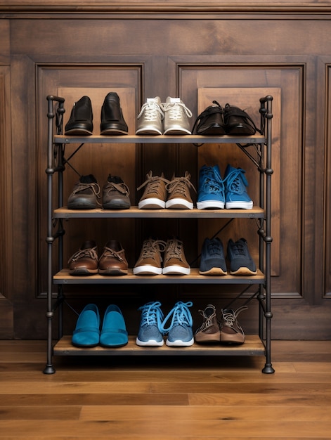 Photo gratuite vue d'une étagère à chaussures avec espace de rangement pour chaussures