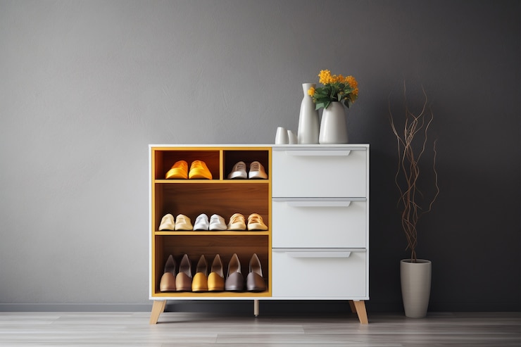 Photo gratuit vue d'une étagère à chaussures avec espace de rangement pour chaussures