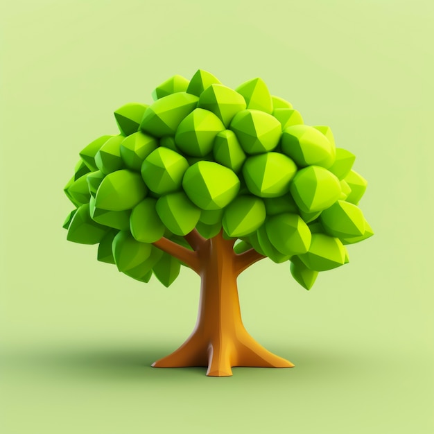 Vue de face d'un arbre 3D avec feuilles et tronc