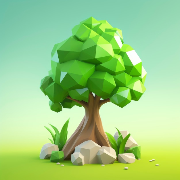 Photo gratuite vue de face d'un arbre 3d avec feuilles et tronc