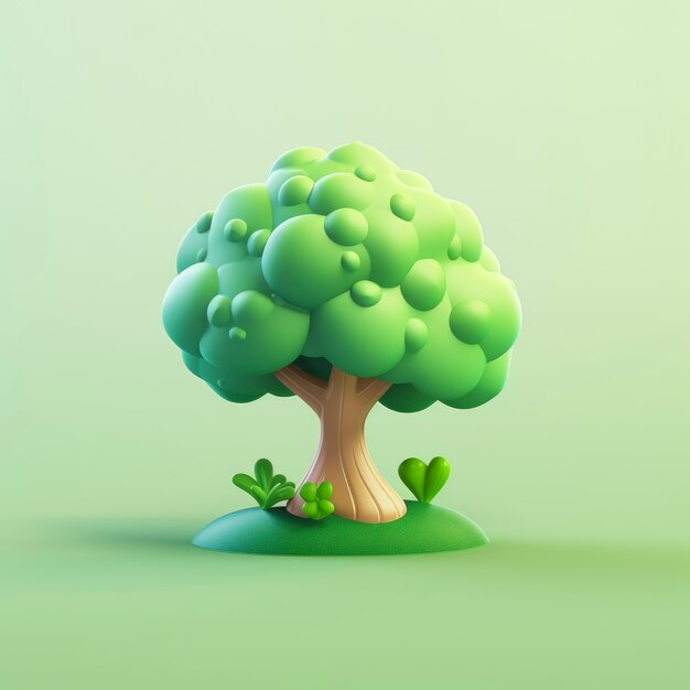 Vue de face d'un arbre 3D avec feuilles et tronc