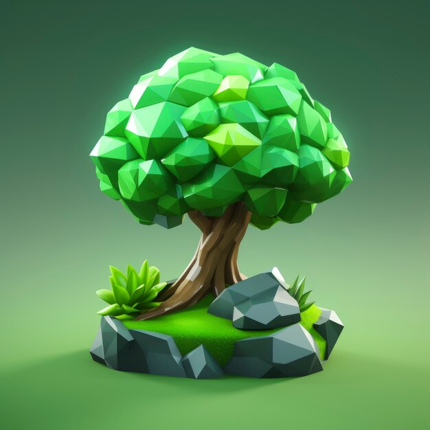 Vue de face d'un arbre 3D avec feuilles et tronc