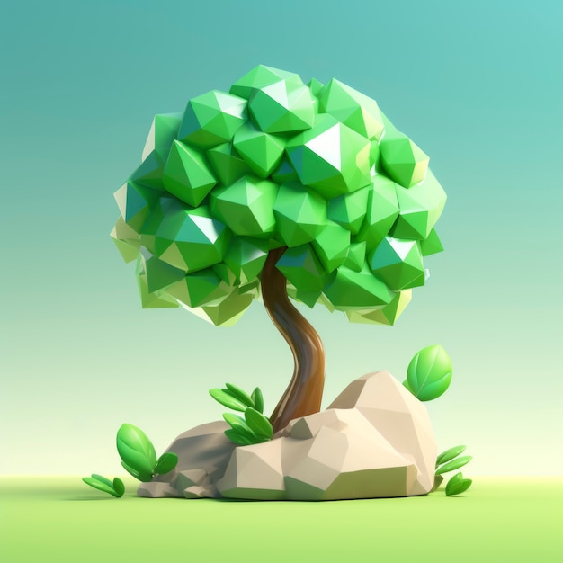 Vue de face d'un arbre 3D avec feuilles et tronc