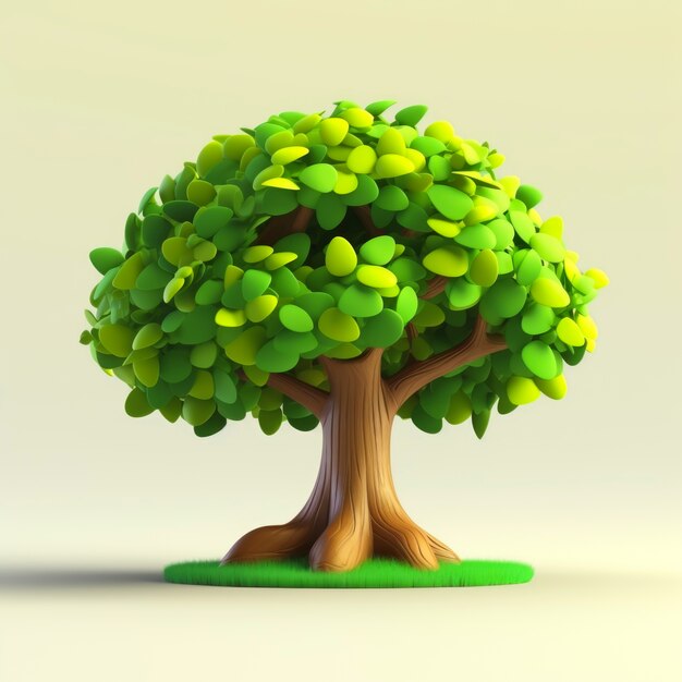 Vue de face d'un arbre 3D avec feuilles et tronc