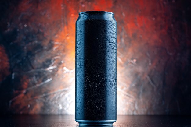 Vue de face boisson énergisante en canette sur boisson sombre alcool photo obscurité