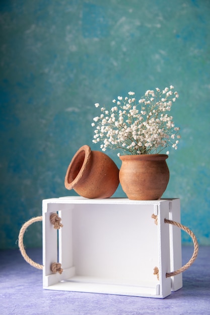 Vue de face boîte en bois blanc sur la surface bleu clair salade mûre alimentaire bois bureau couleur aubaine