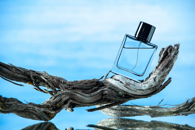 Photo gratuite vue de face de la bouteille d'eau de cologne sur une branche d'arbre pourrie isolée sur fond bleu clair