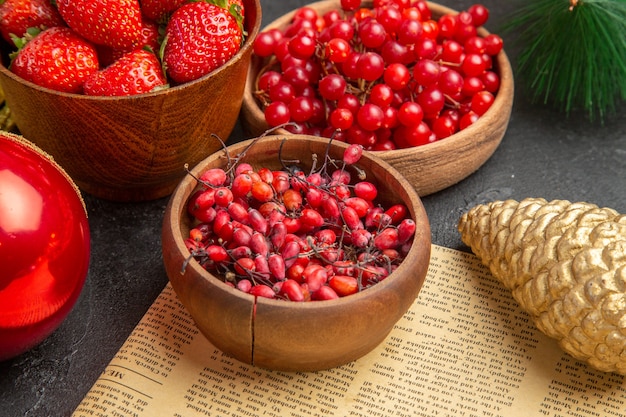 Vue de face des canneberges rouges fraîches avec d'autres fruits autour des jouets de Noël sur la baie de fruits de vacances de Noël de couleur de fond sombre