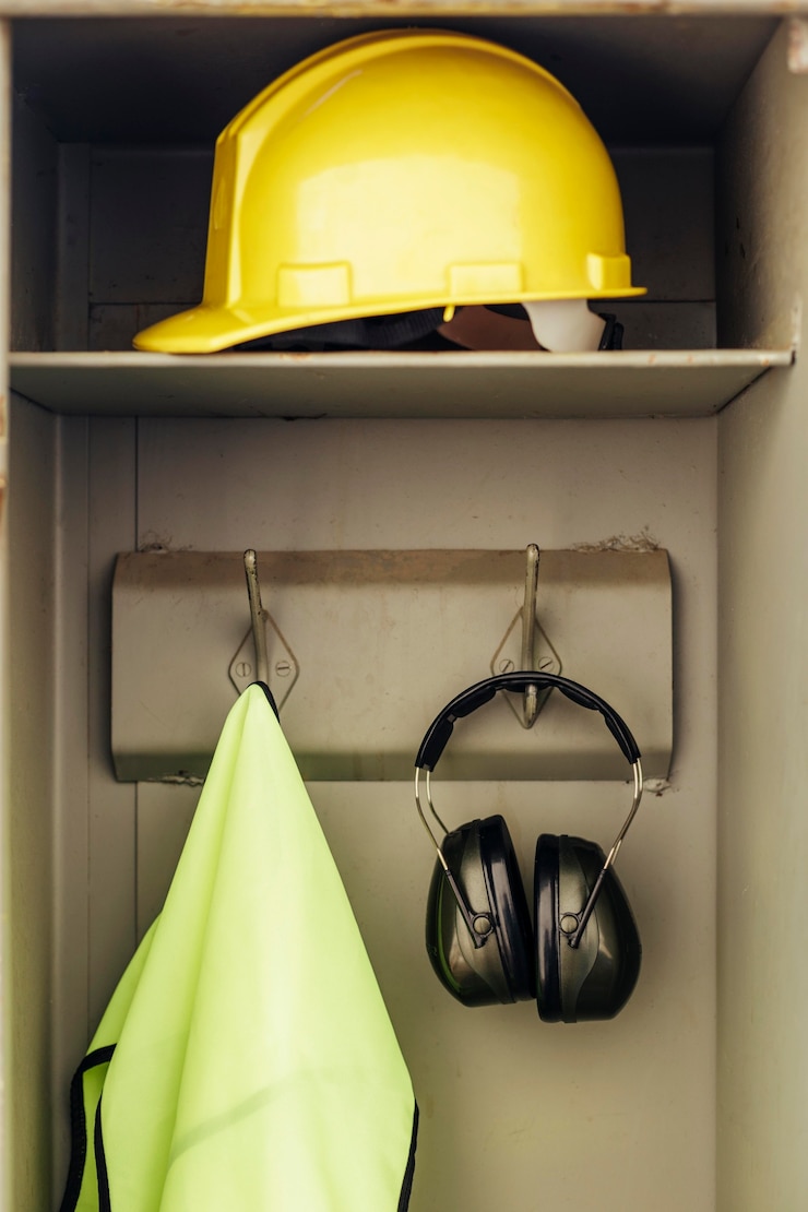Photo gratuit vue de face casque et casque suspendu dans un placard