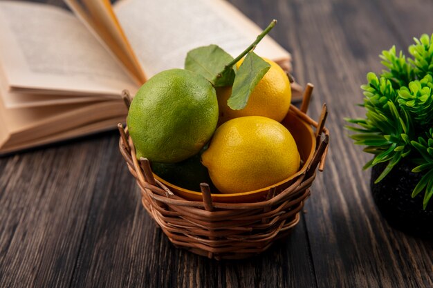 Vue de face citrons avec limes dans le panier avec livre ouvert sur fond de bois