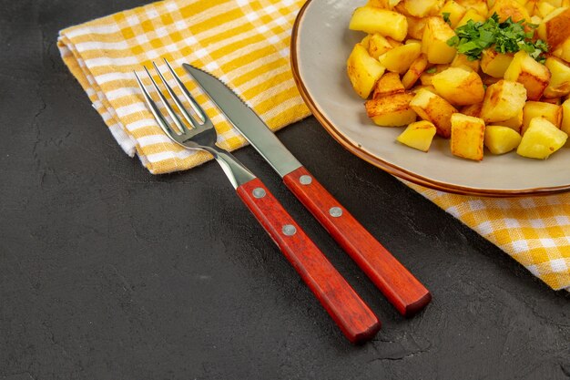 Photo gratuite vue de face de délicieuses pommes de terre frites à l'intérieur de la plaque sur une table sombre