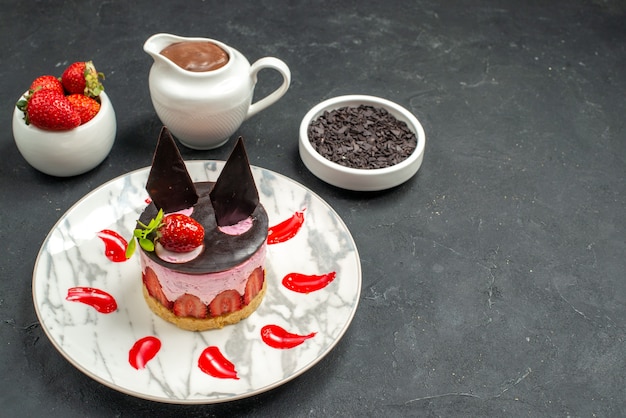 Vue De Face Délicieux Cheesecake à La Fraise Et Au Chocolat Sur Une Assiette Ovale Bol De Fraises