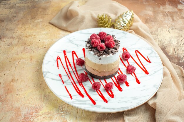 Vue de face délicieux gâteau crémeux à l'intérieur de la plaque avec des framboises fraîches sur une table marron