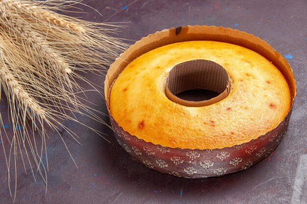 Vue de face délicieux gâteau rond tarte sucrée parfaite pour le thé sur un bureau sombre thé à tarte sucré gâteau au sucre biscuit au sucre