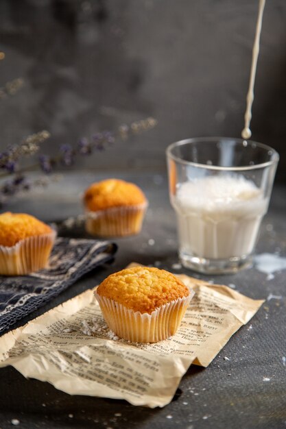 Une vue de face de délicieux petits gâteaux avec des fleurs violettes et du lait sur la table grise biscuit thé biscuit sucré