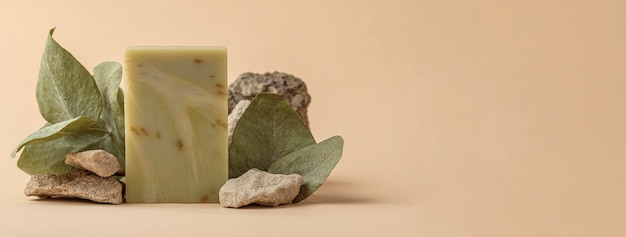 Vue de face de la disposition du savon et des plantes spéciales avec espace de copie