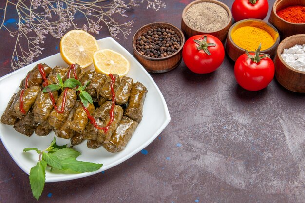 Vue de face dolma de feuilles délicieuses avec assaisonnements et tomates sur un espace sombre