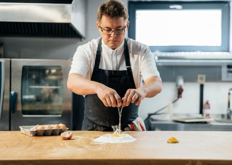 Photo gratuit vue de face du chef masculin casser l'oeuf sur la farine pour créer de la pâte