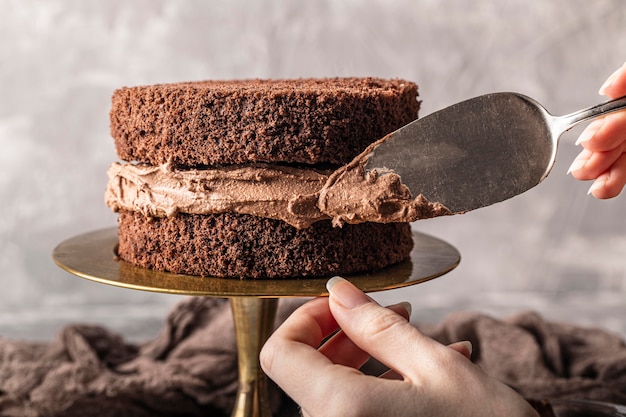 Vue de face du concept de délicieux gâteau au chocolat