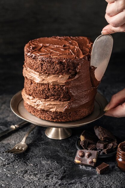 Vue de face du concept de délicieux gâteau au chocolat