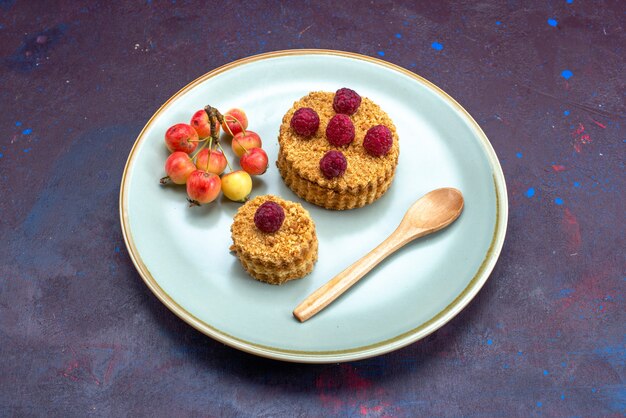 Vue de face du petit gâteau rond avec des framboises fraîches à l'intérieur de la plaque sur la surface sombre