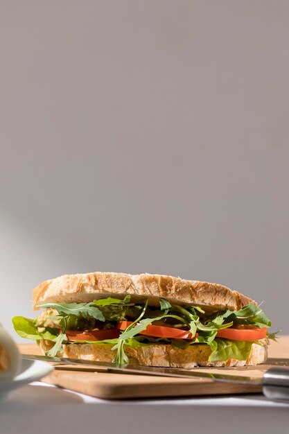 Vue de face du sandwich au pain grillé avec des tomates, des verts et de l'espace de copie