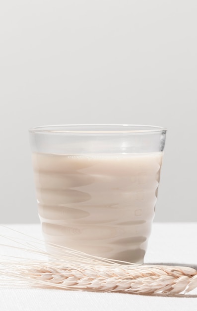 Vue de face du verre de lait avec du blé