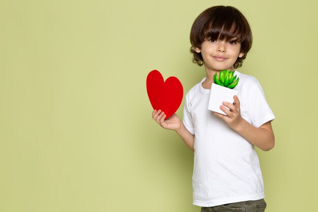 Une vue de face enfant souriant en t-shirt blanc tenant en forme de cœur et petite plante verte sur l'espace de couleur pierre