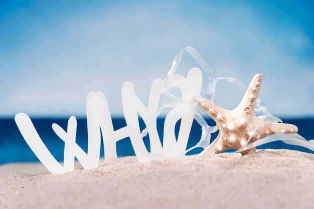 Vue de face de l'étoile de mer avec du plastique sur la plage