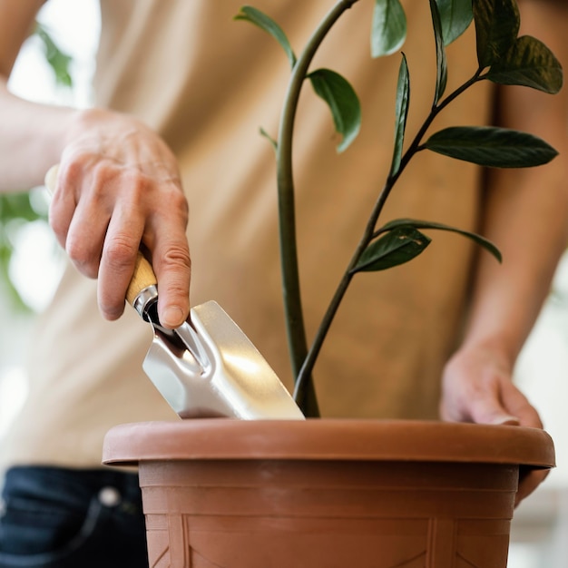 Vue de face de la femme à l'aide de la truelle sur plante d'intérieur