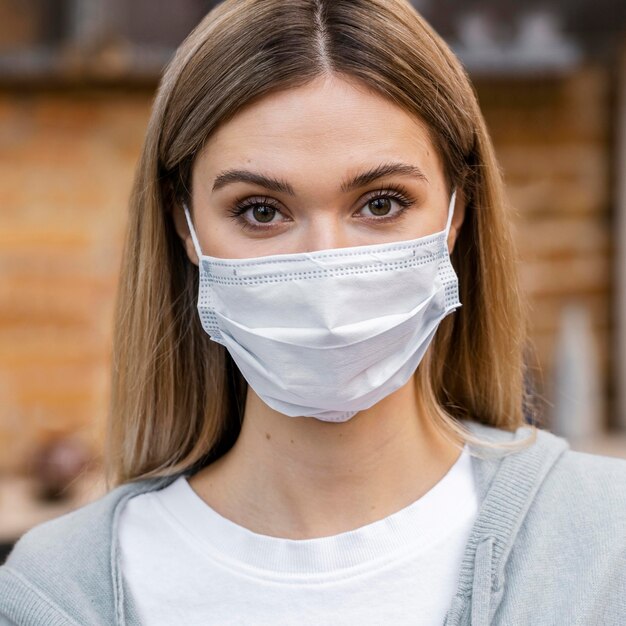 Vue de face de la femme au salon avec masque médical