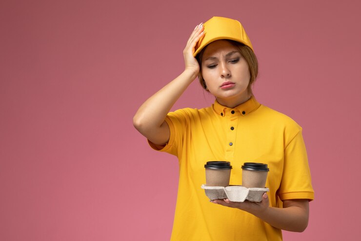 Photo gratuit vue de face femme courrier en uniforme jaune cape jaune tenant des tasses à café en plastique sur fond rose travail de livraison uniforme