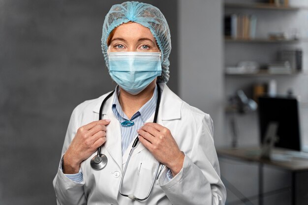 Vue de face de la femme médecin avec stéthoscope et résille