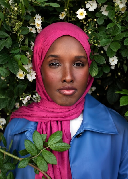 Vue de face femme posant avec de belles fleurs