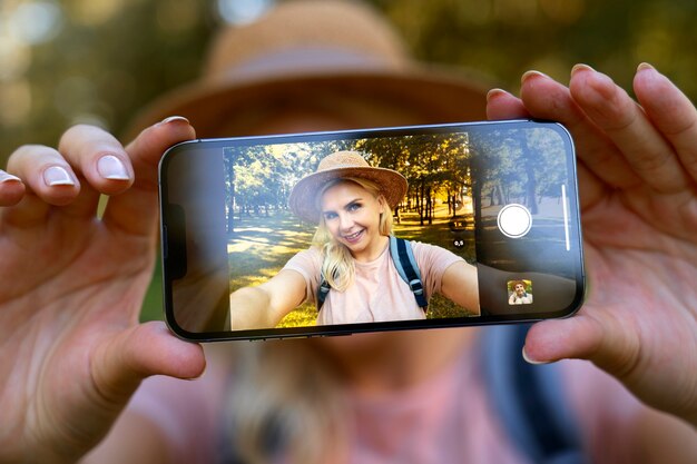 Vue de face femme prenant selfie avec téléphone