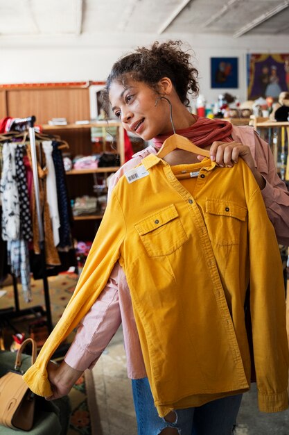 Vue de face femme tenant une chemise jaune