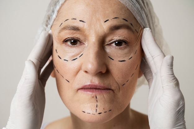 Photo gratuite vue de face femme avec des traces de marqueur sur le visage