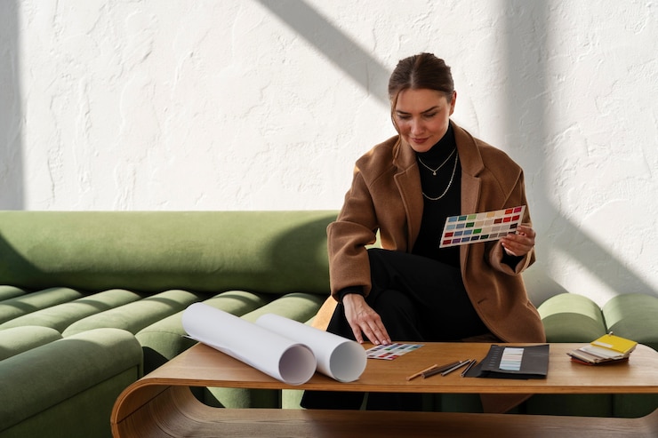 Photo gratuit vue de face femme travaillant comme architecte d'intérieur