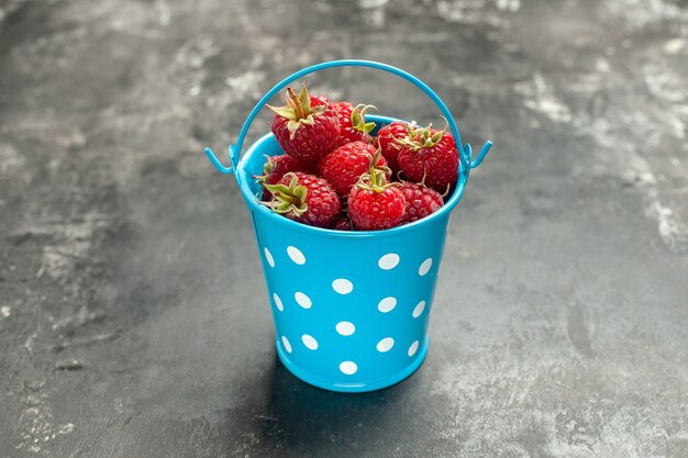 Vue de face de framboises rouges fraîches à l'intérieur du petit panier sur une baie de photo sauvage de canneberge de couleur grise