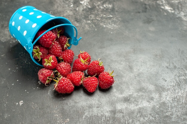 Photo gratuite vue de face de framboises rouges fraîches à l'intérieur d'un petit panier sur une baie de photo de canneberge de couleur grise