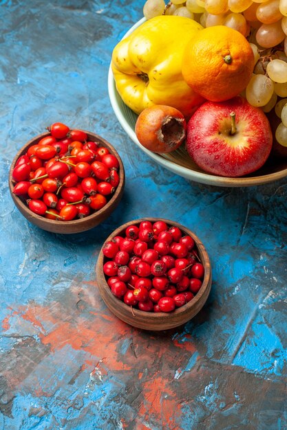 Vue de face des fruits frais avec des baies sur fond bleu photo couleur mûre moelleuse alimentation santé