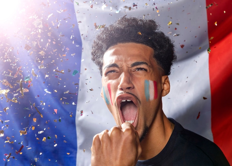 Photo gratuit vue de face de l'homme acclamant avec drapeau français et confettis