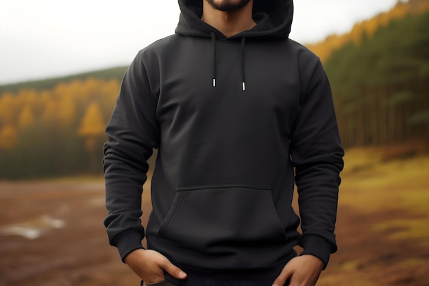 vue de face homme portant un sweat à capuche noir