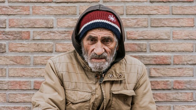 Vue de face de l'homme sans-abri devant le mur