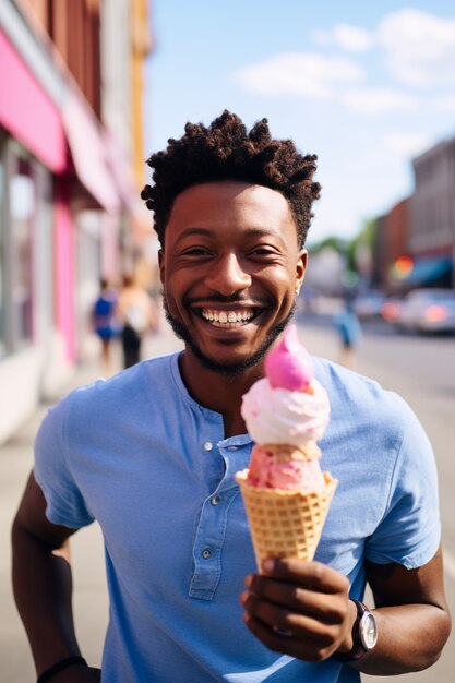 Vue de face homme tenant une délicieuse crème glacée