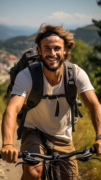 Vue de face homme à vélo à l'extérieur