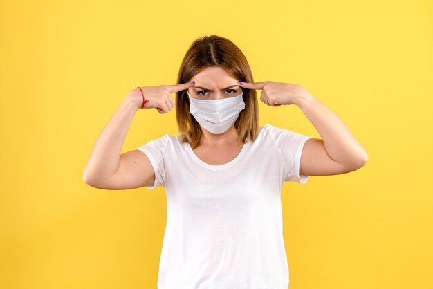 Vue de face de la jeune femme en masque sur un mur jaune